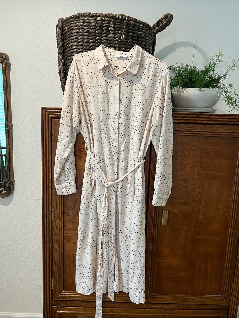 Uniqlo Beige Long Sleeve Shirt Dress with black Polka Dots